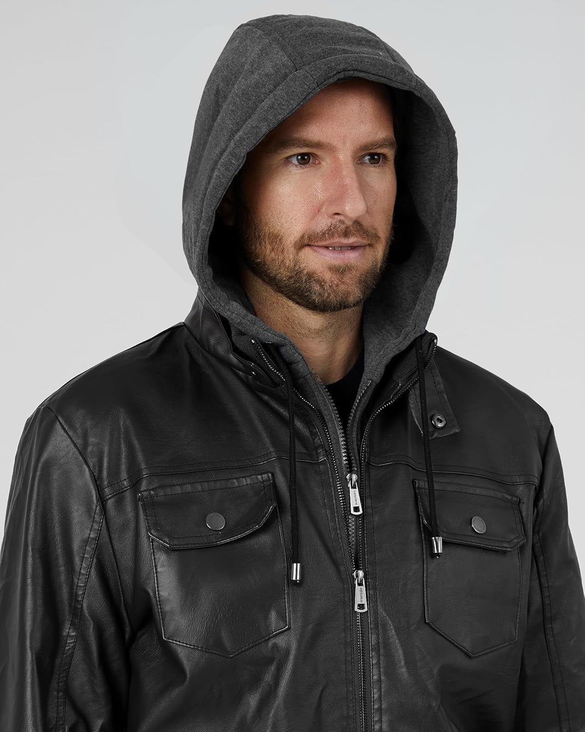 Men'S Faux Leather Jacket Windproof Motorcycle Bomber Jacket Slim Fit Winter Coat with Removable Hood