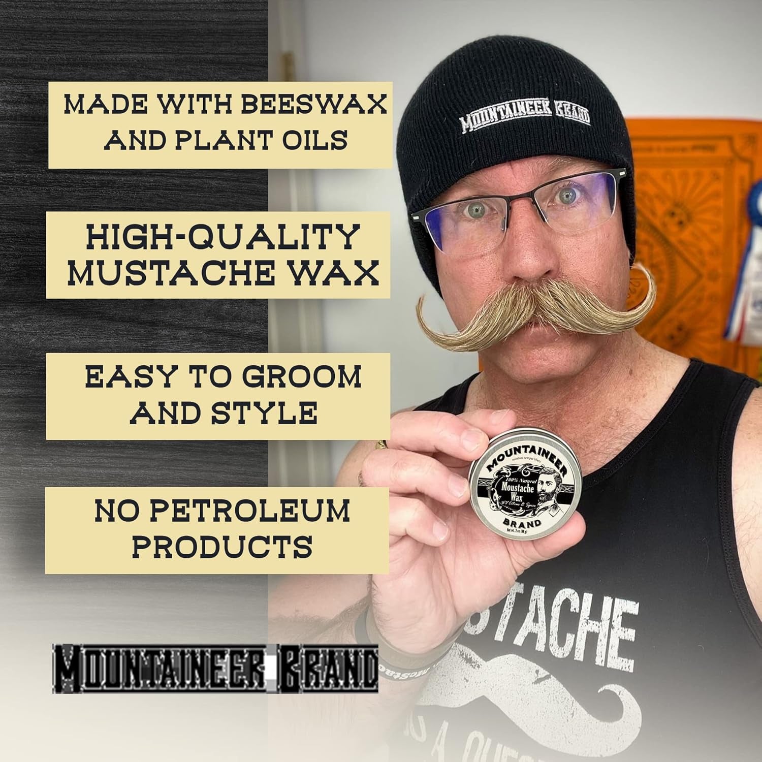 Natural Mustache Wax | Citrus & Spice Scent | Made in West Virginia | Long Lasting Hold | Smooths, Conditons, Styles | Organic Moustache Balm | 2Oz